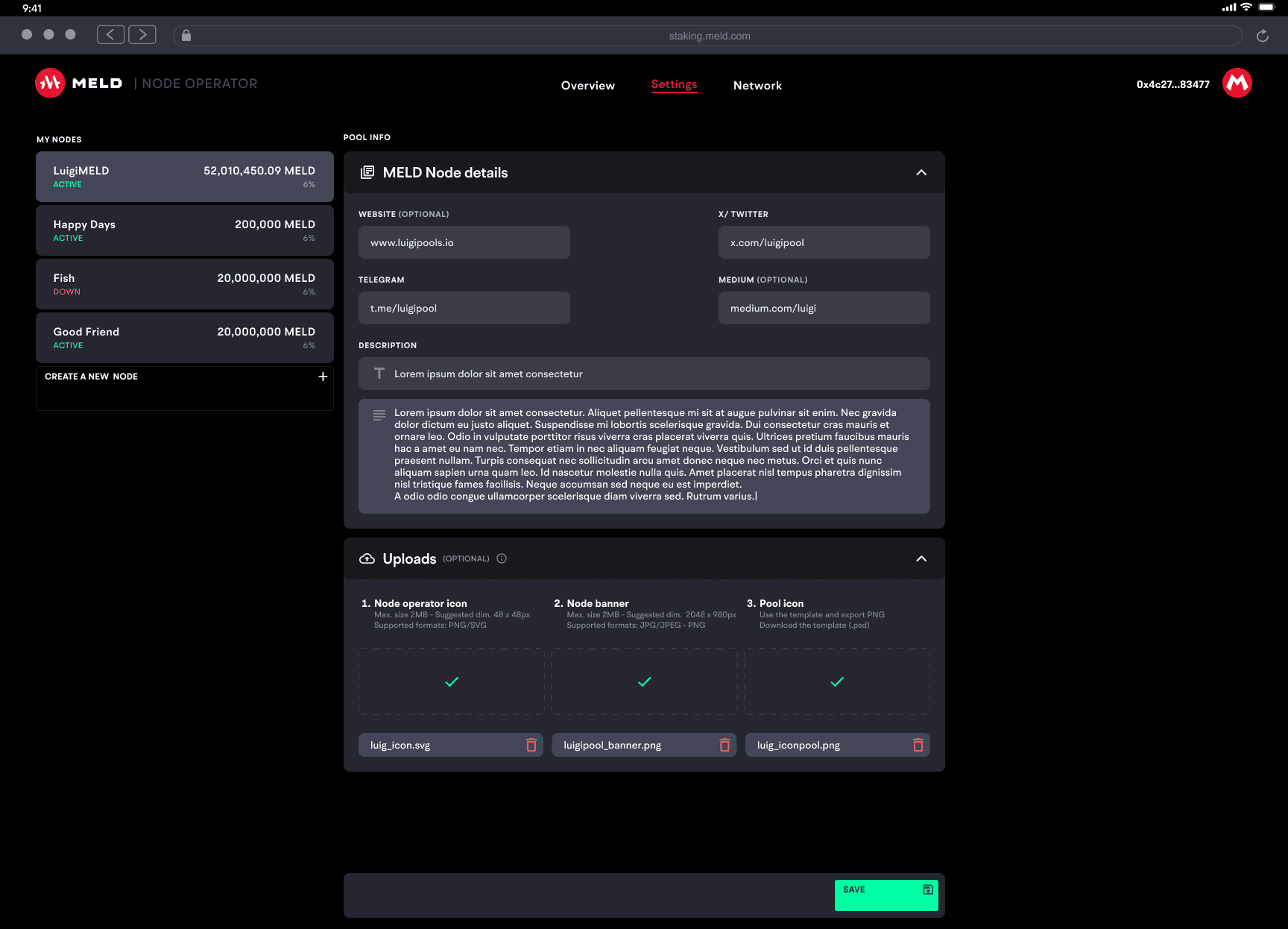 node operator dashboard settings